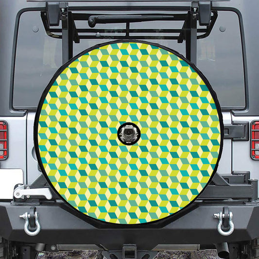 Green Geometric Cube Shape Pattern Print Tire Cover With Camera Hole