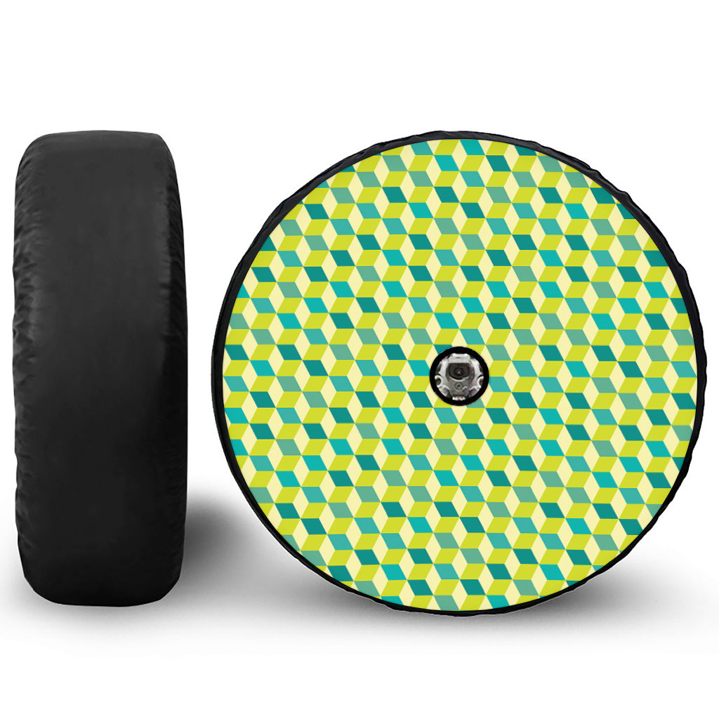 Green Geometric Cube Shape Pattern Print Tire Cover With Camera Hole
