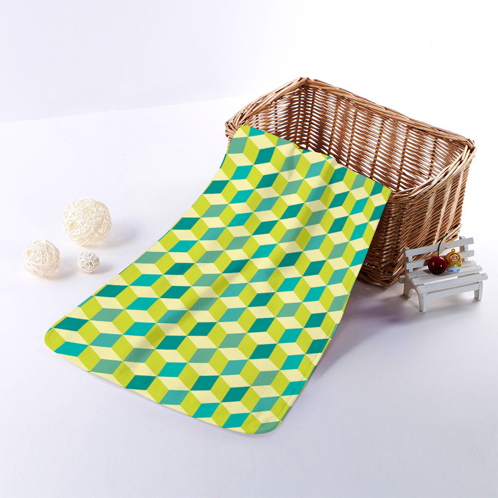 Green Geometric Cube Shape Pattern Print Towel