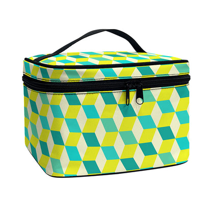 Green Geometric Cube Shape Pattern Print Travel Makeup Bag