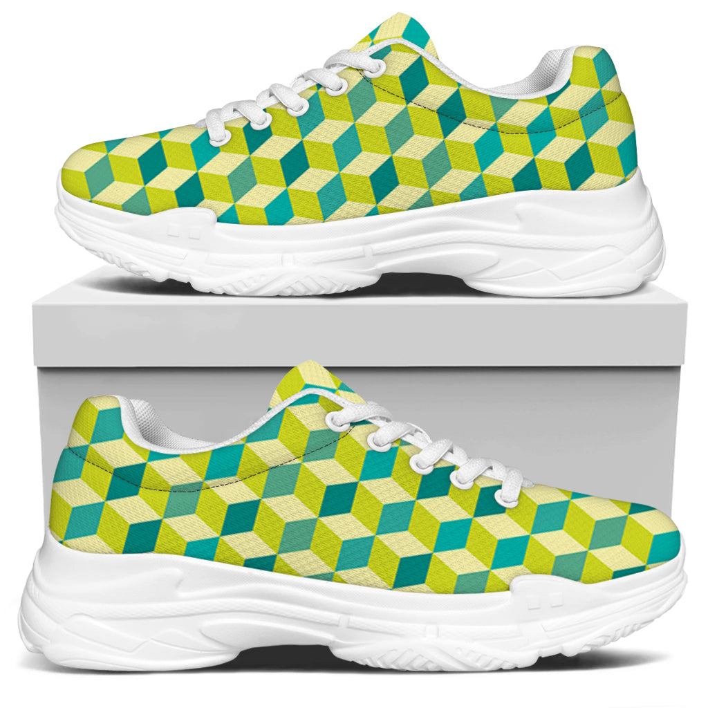 Green Geometric Cube Shape Pattern Print White Chunky Shoes