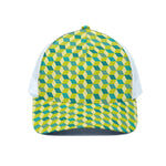 Green Geometric Cube Shape Pattern Print White Mesh Trucker Cap