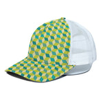 Green Geometric Cube Shape Pattern Print White Mesh Trucker Cap
