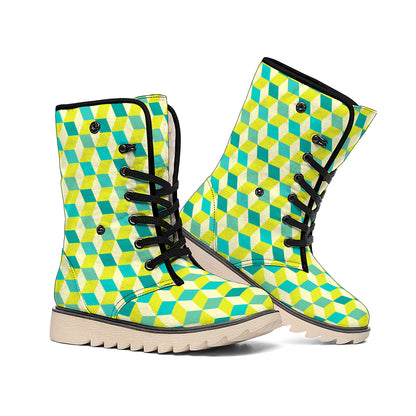 Green Geometric Cube Shape Pattern Print Winter Boots