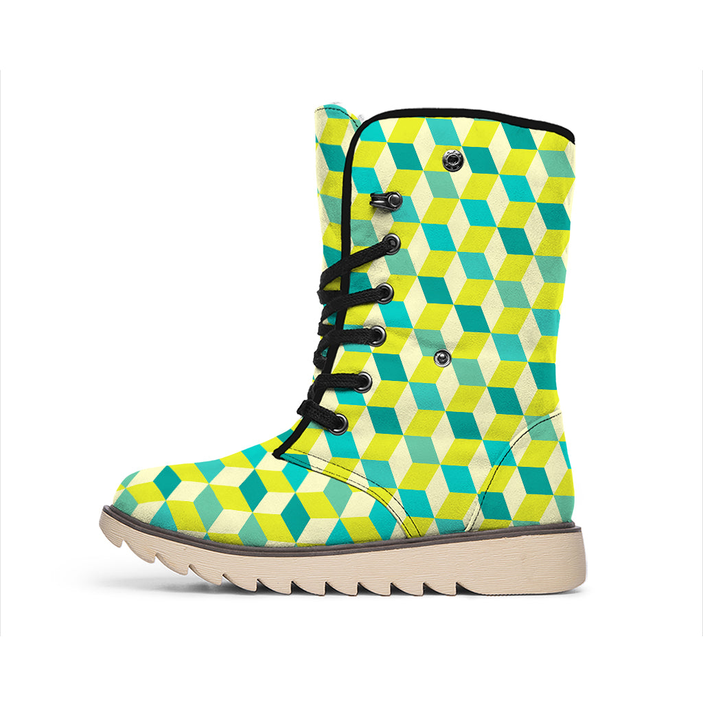 Green Geometric Cube Shape Pattern Print Winter Boots