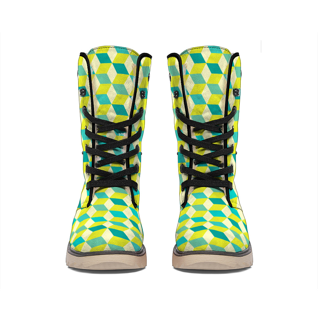 Green Geometric Cube Shape Pattern Print Winter Boots