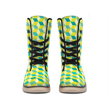 Green Geometric Cube Shape Pattern Print Winter Boots