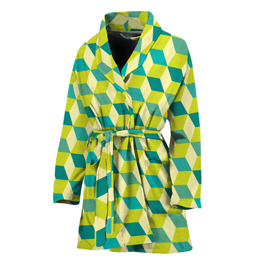 Green Geometric Cube Shape Pattern Print Women's Bathrobe