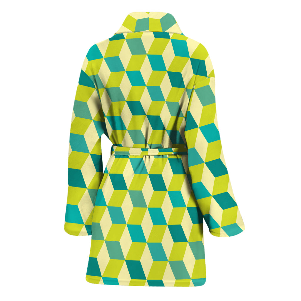 Green Geometric Cube Shape Pattern Print Women's Bathrobe