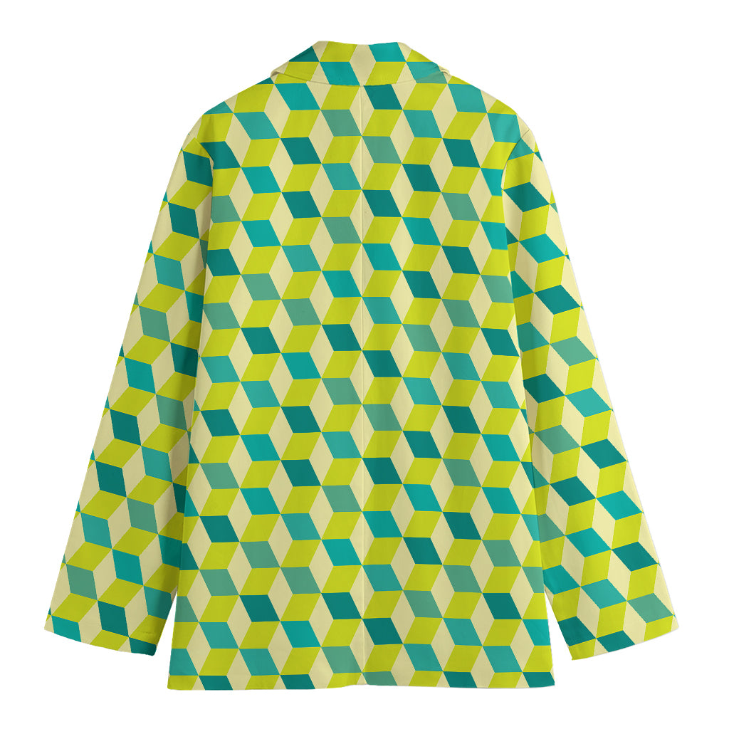 Green Geometric Cube Shape Pattern Print Women's Blazer
