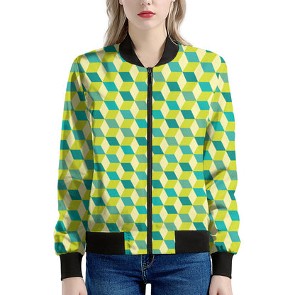 Green Geometric Cube Shape Pattern Print Women's Bomber Jacket