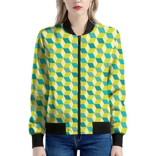 Green Geometric Cube Shape Pattern Print Women's Bomber Jacket