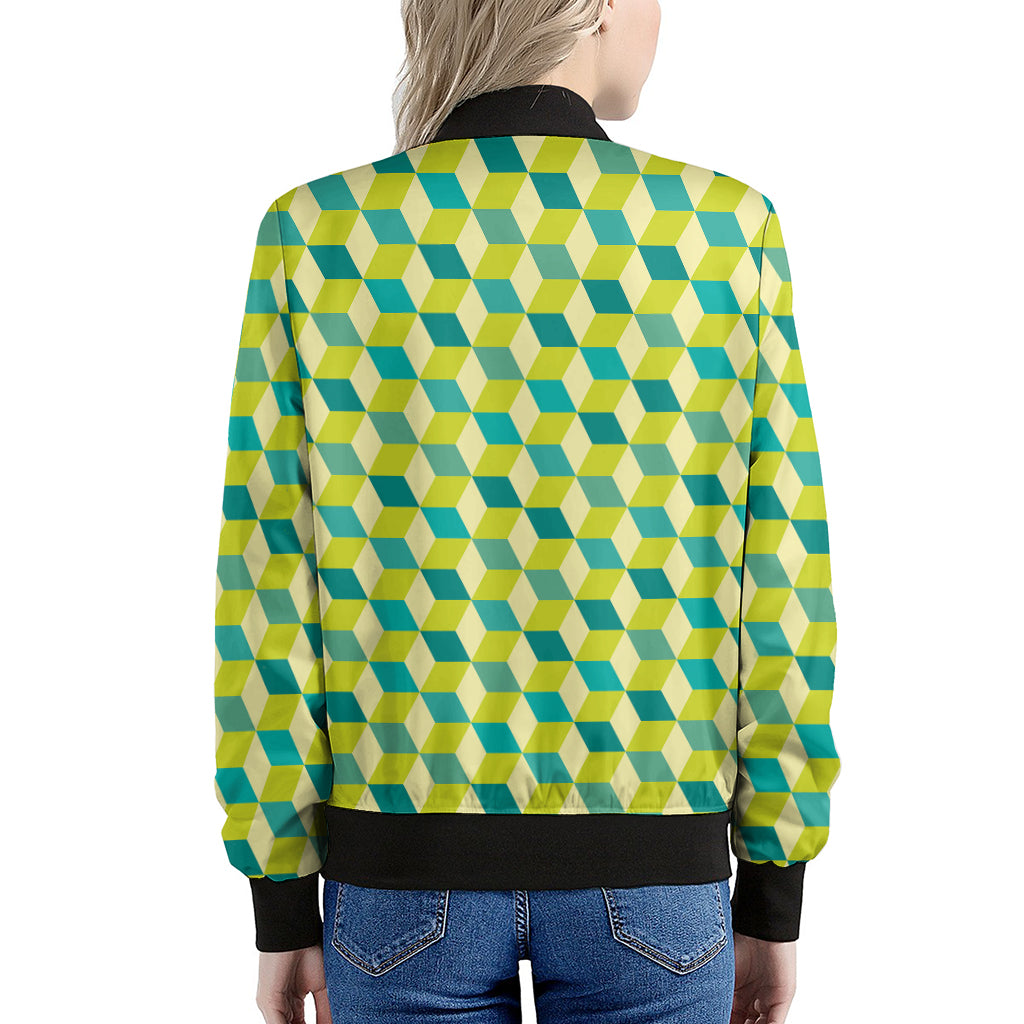 Green Geometric Cube Shape Pattern Print Women's Bomber Jacket