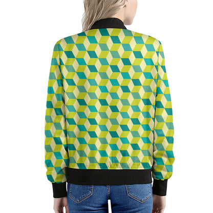 Green Geometric Cube Shape Pattern Print Women's Bomber Jacket
