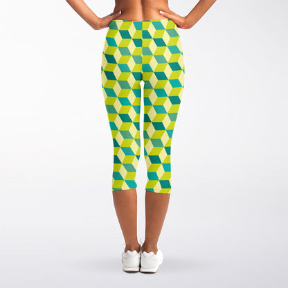 Green Geometric Cube Shape Pattern Print Women's Capri Leggings