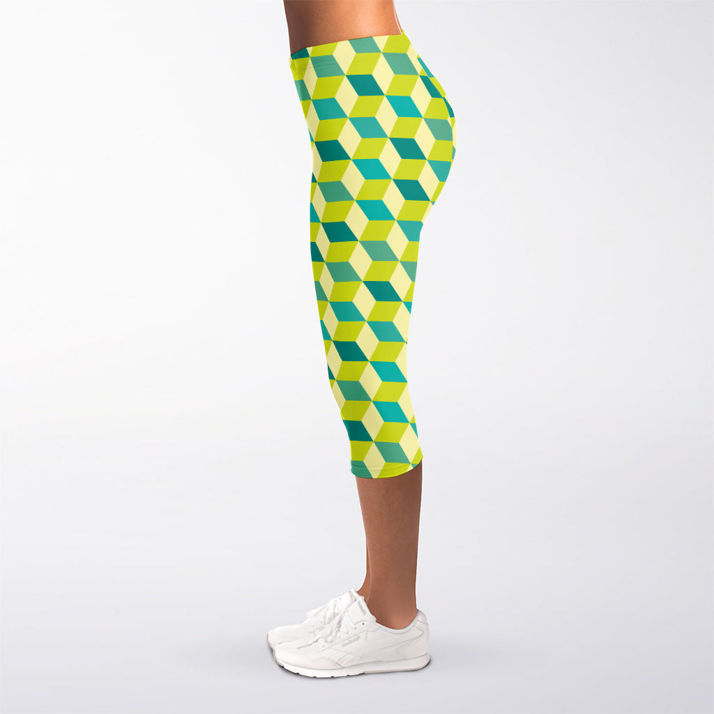 Green Geometric Cube Shape Pattern Print Women's Capri Leggings