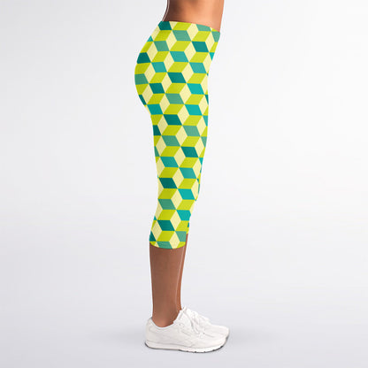 Green Geometric Cube Shape Pattern Print Women's Capri Leggings