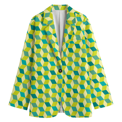 Green Geometric Cube Shape Pattern Print Women's Cotton Blazer