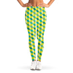 Green Geometric Cube Shape Pattern Print Women's Leggings