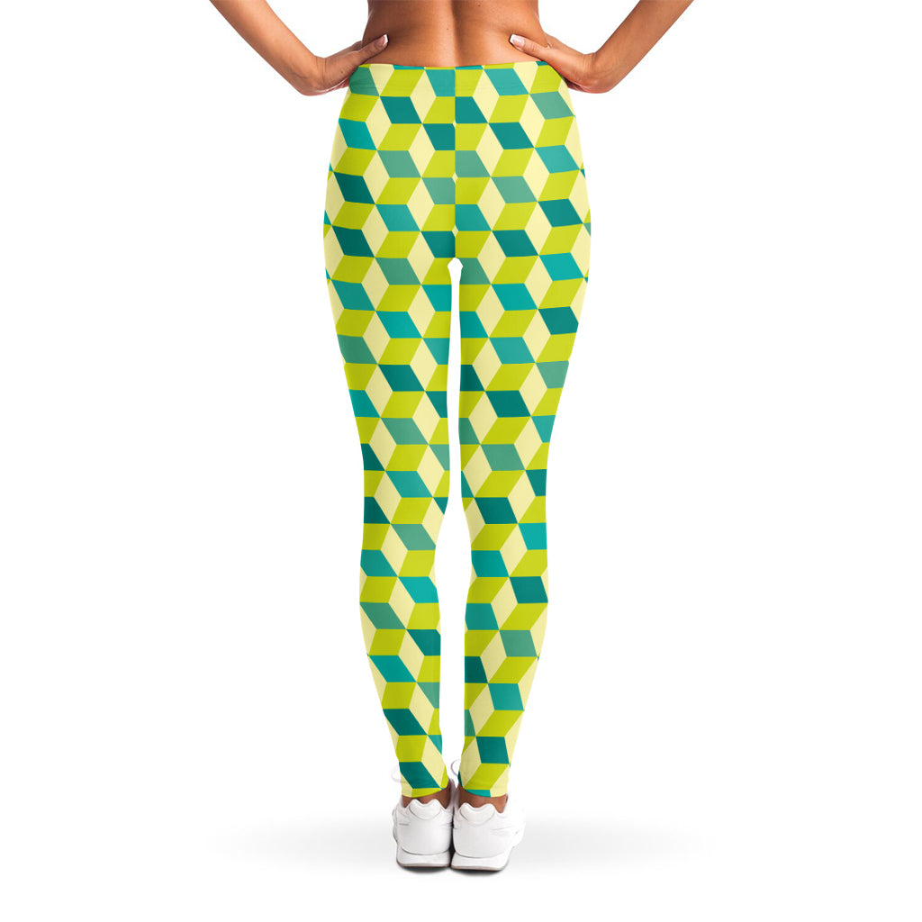 Green Geometric Cube Shape Pattern Print Women's Leggings