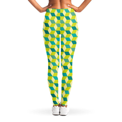 Green Geometric Cube Shape Pattern Print Women's Leggings