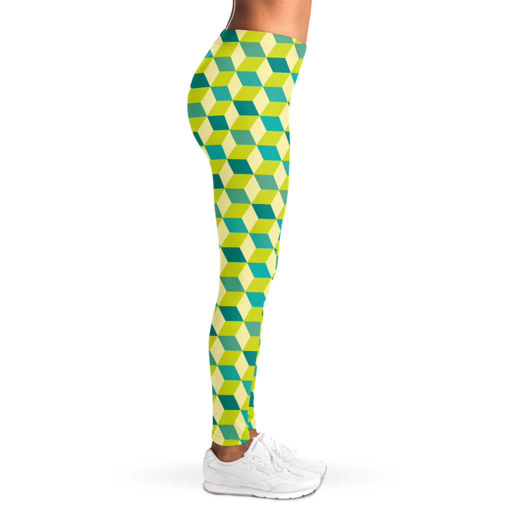 Green Geometric Cube Shape Pattern Print Women's Leggings