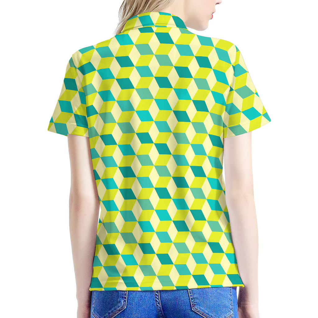 Green Geometric Cube Shape Pattern Print Women's Polo Shirt