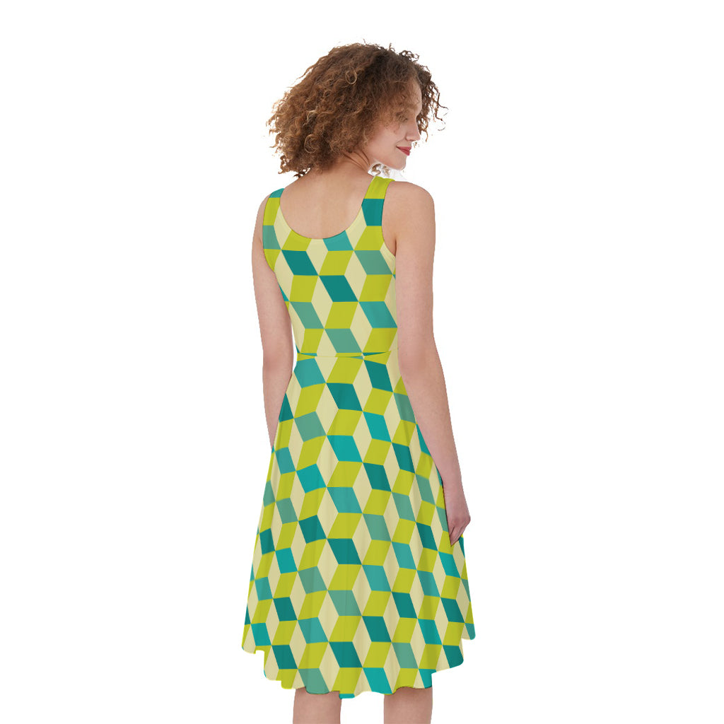 Green Geometric Cube Shape Pattern Print Women's Sleeveless Dress