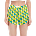 Green Geometric Cube Shape Pattern Print Women's Split Running Shorts