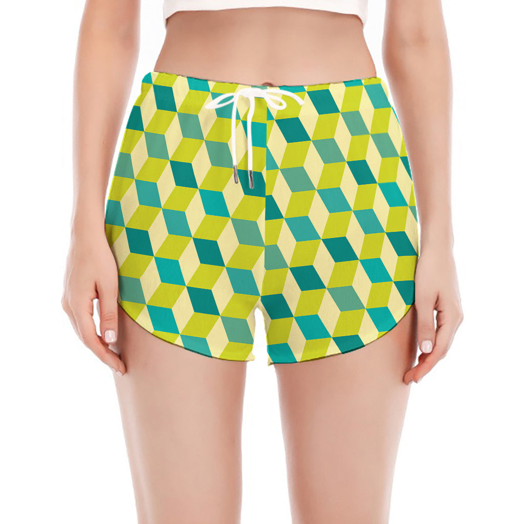 Green Geometric Cube Shape Pattern Print Women's Split Running Shorts