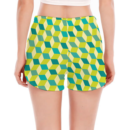 Green Geometric Cube Shape Pattern Print Women's Split Running Shorts