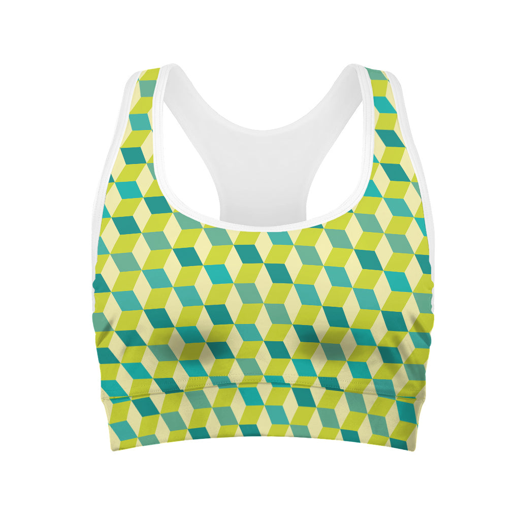 Green Geometric Cube Shape Pattern Print Women's Sports Bra