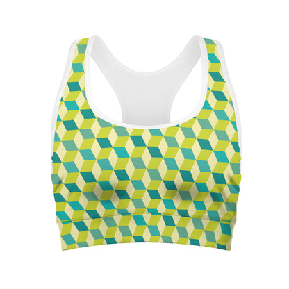 Green Geometric Cube Shape Pattern Print Women's Sports Bra