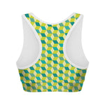 Green Geometric Cube Shape Pattern Print Women's Sports Bra