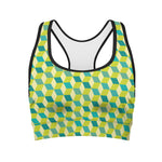 Green Geometric Cube Shape Pattern Print Women's Sports Bra