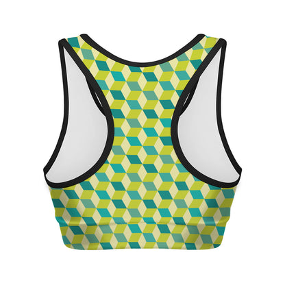 Green Geometric Cube Shape Pattern Print Women's Sports Bra