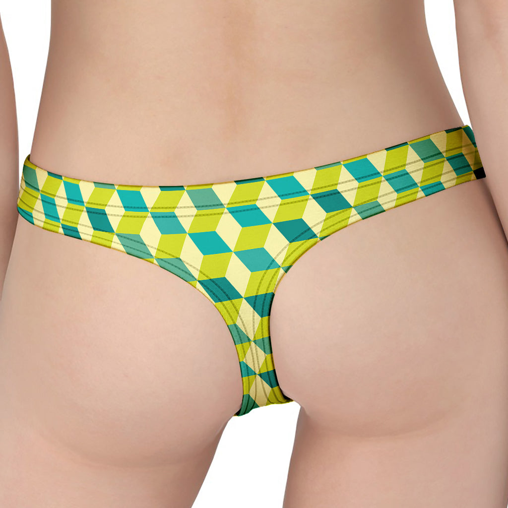 Green Geometric Cube Shape Pattern Print Women's Thong