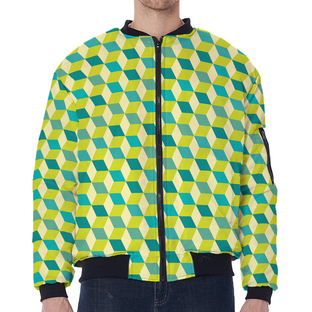 Green Geometric Cube Shape Pattern Print Zip Sleeve Bomber Jacket