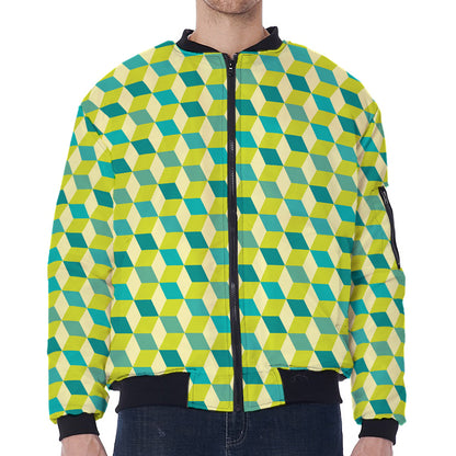 Green Geometric Cube Shape Pattern Print Zip Sleeve Bomber Jacket