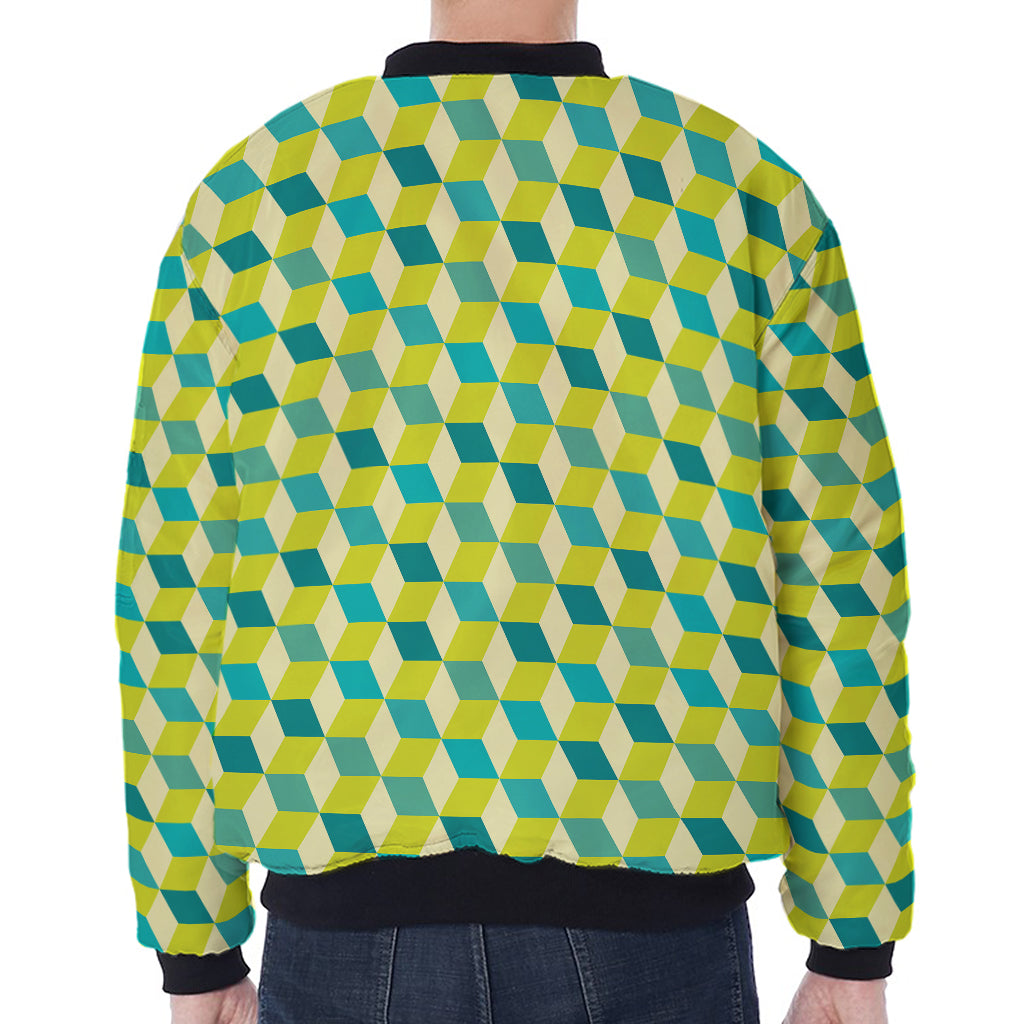Green Geometric Cube Shape Pattern Print Zip Sleeve Bomber Jacket