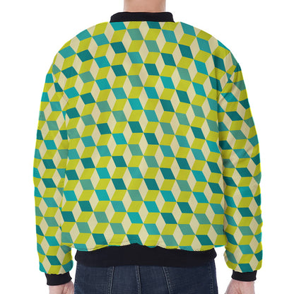 Green Geometric Cube Shape Pattern Print Zip Sleeve Bomber Jacket