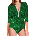 Green (NOT Real) Glitter Print Long Sleeve Swimsuit