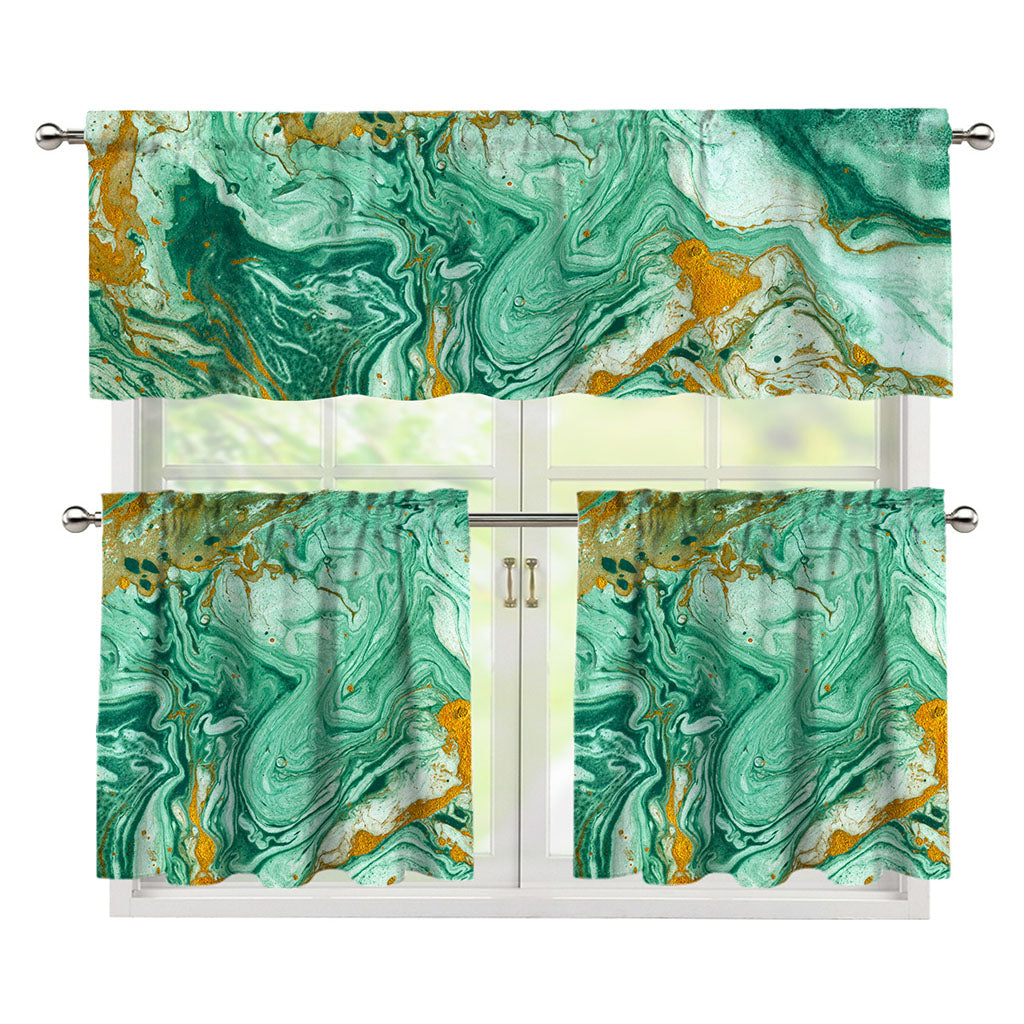 Green Gold Liquid Marble Print 3 Piece Kitchen Curtains