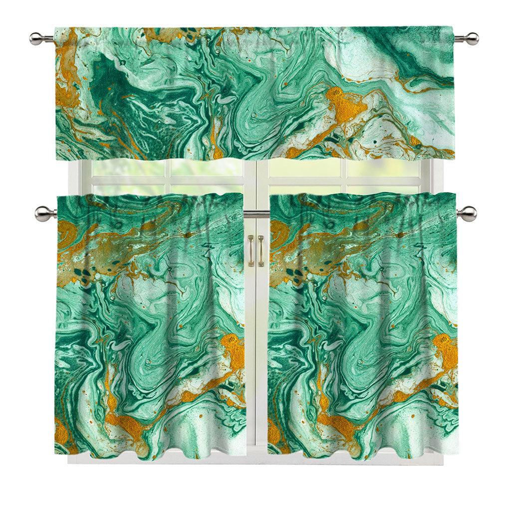 Green Gold Liquid Marble Print 3 Piece Kitchen Curtains