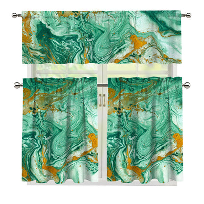 Green Gold Liquid Marble Print 3 Piece Kitchen Curtains