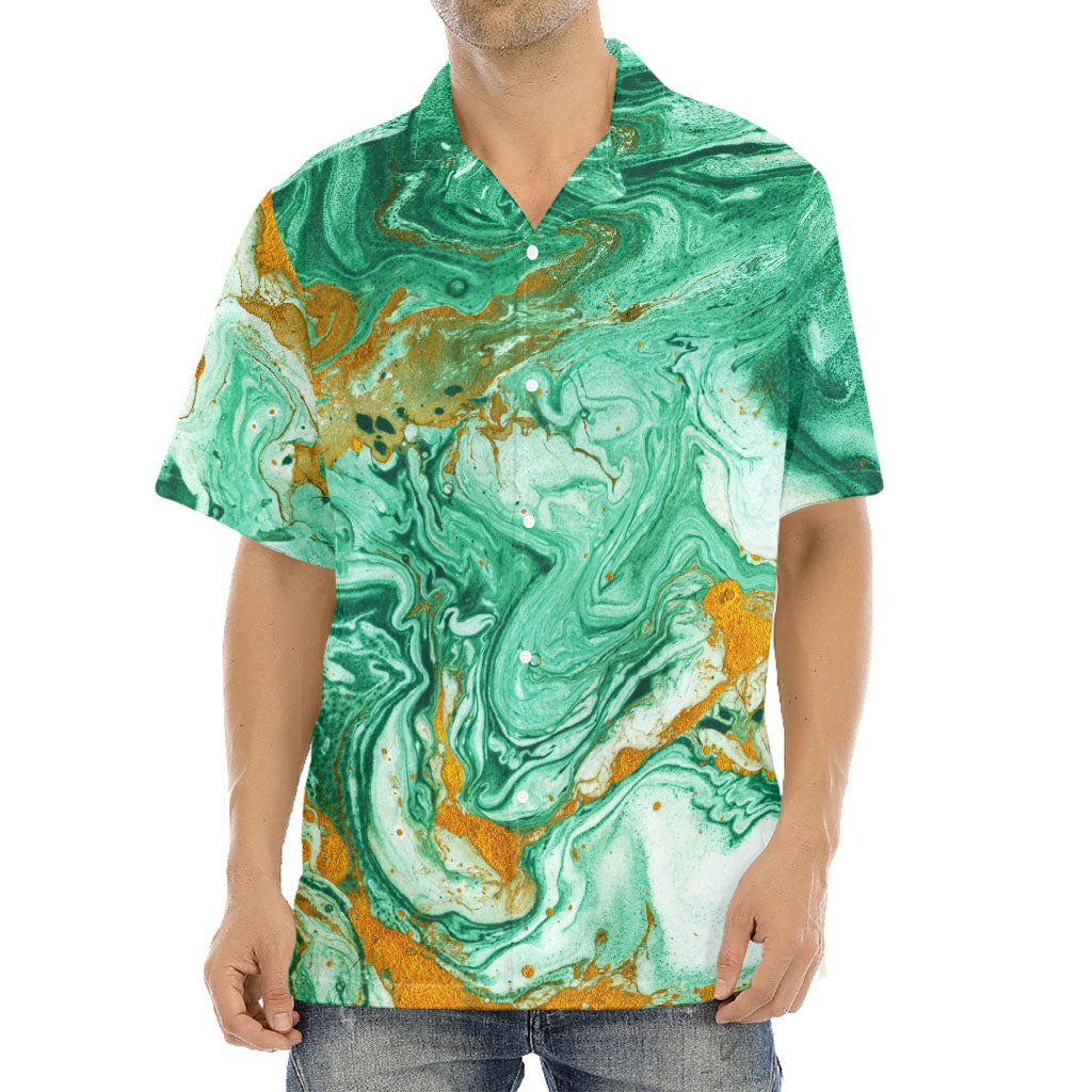 Green Gold Liquid Marble Print Aloha Shirt