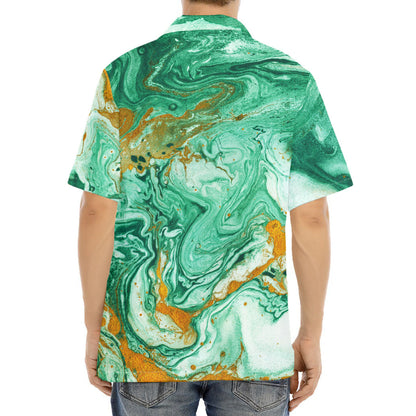 Green Gold Liquid Marble Print Aloha Shirt