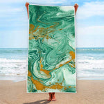 Green Gold Liquid Marble Print Beach Towel
