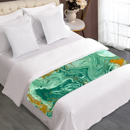 Green Gold Liquid Marble Print Bed Runner