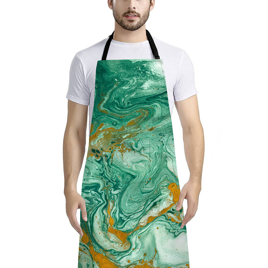 Green Gold Liquid Marble Print Bib Apron With Pocket